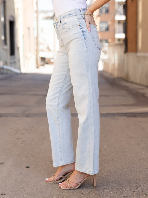 high rise light wash straight leg denim