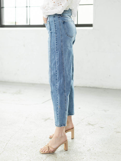 medium wash darting barrel denim