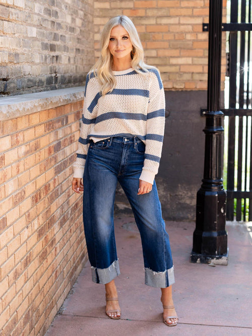 blue and cream open knit sweater
