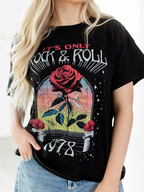 black rock and roll graphic tee