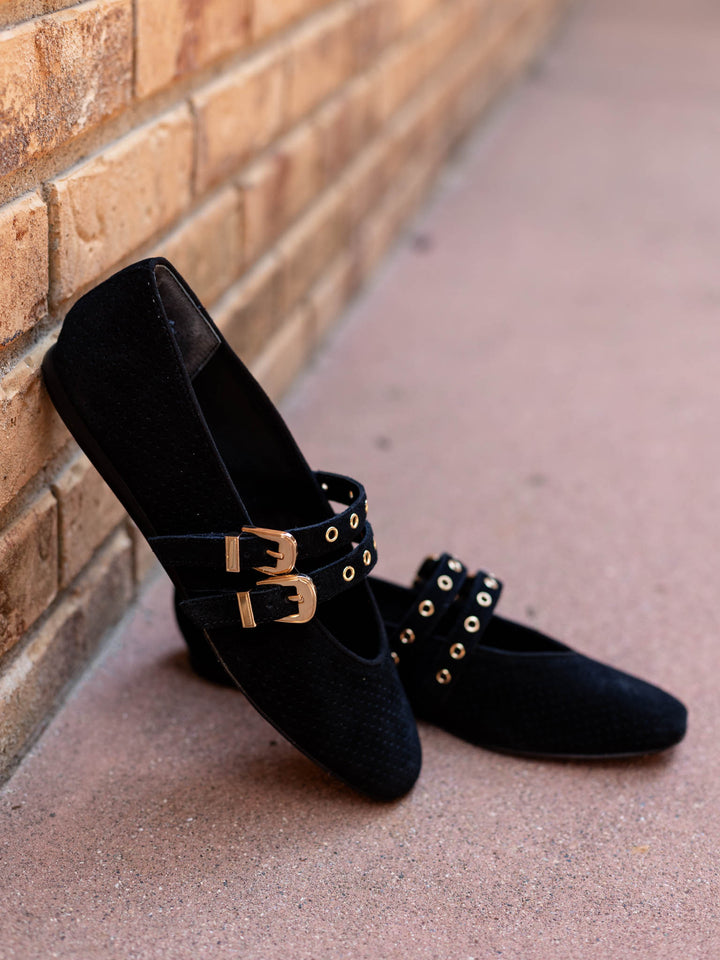 black perforated suede flat