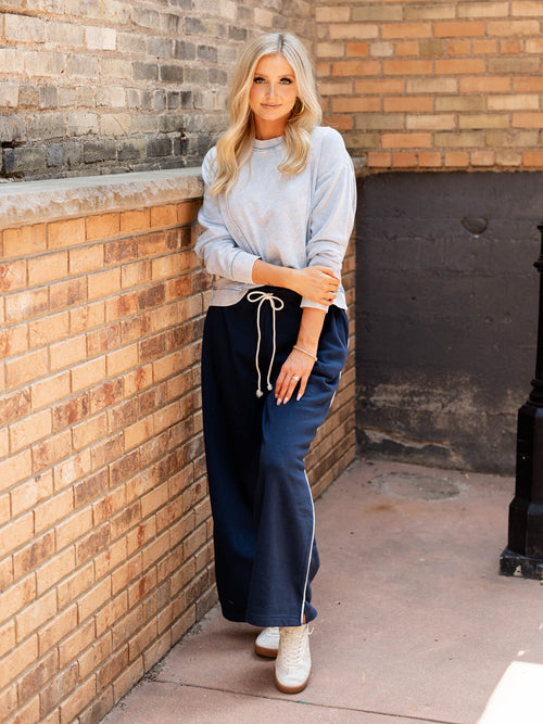 blue wide stripe roll waist wide leg