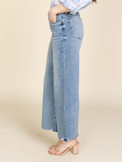 distressed hem wide denim