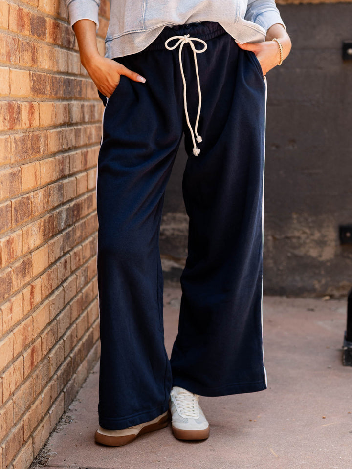 blue wide stripe roll waist wide leg