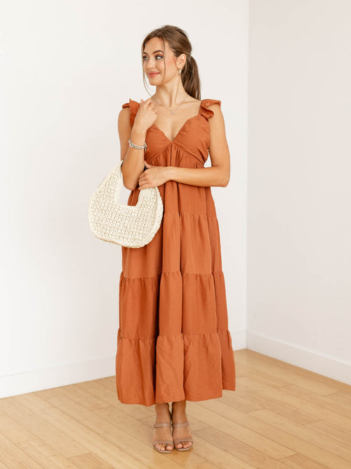 tiered ruffle strap v-neck midi dress
