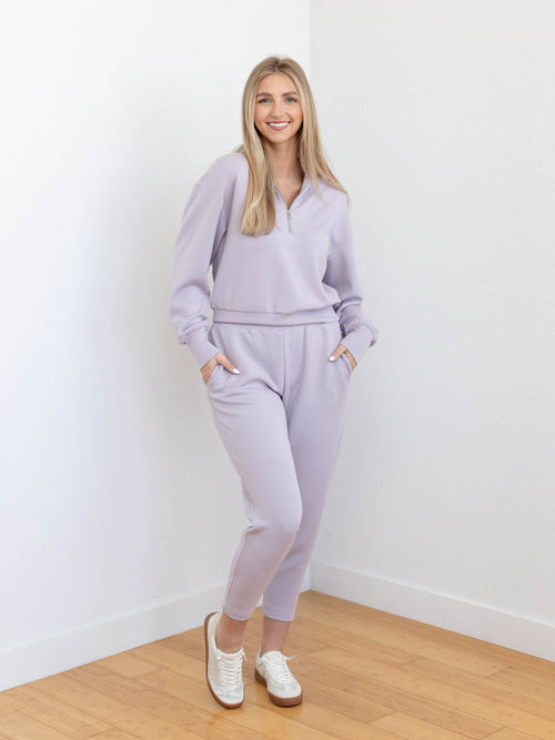 purple half zip pullover