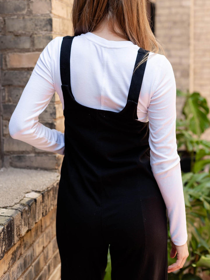 solid black wide leg knit jumpsuit