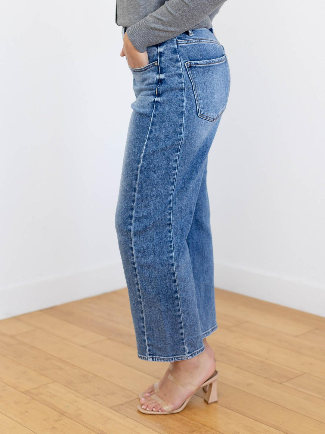 medium wash side seam barrel denim