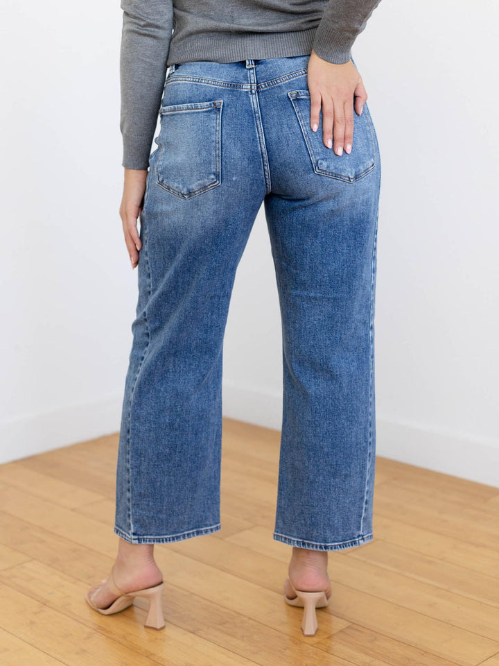 medium wash side seam barrel denim