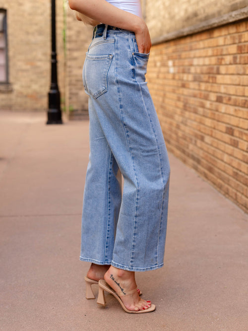 medium wash side seam barrel denim