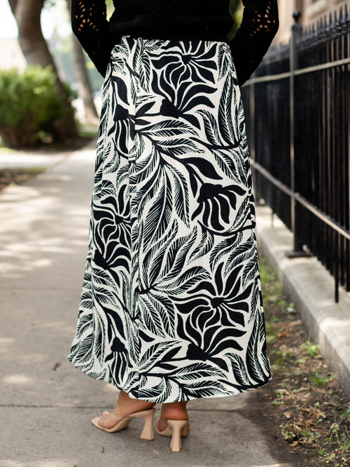 black and cream leaf print skirt