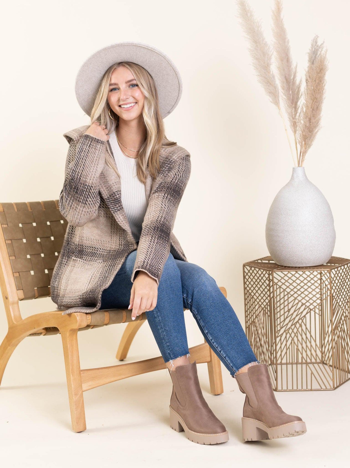 brown plaid hooded cardi