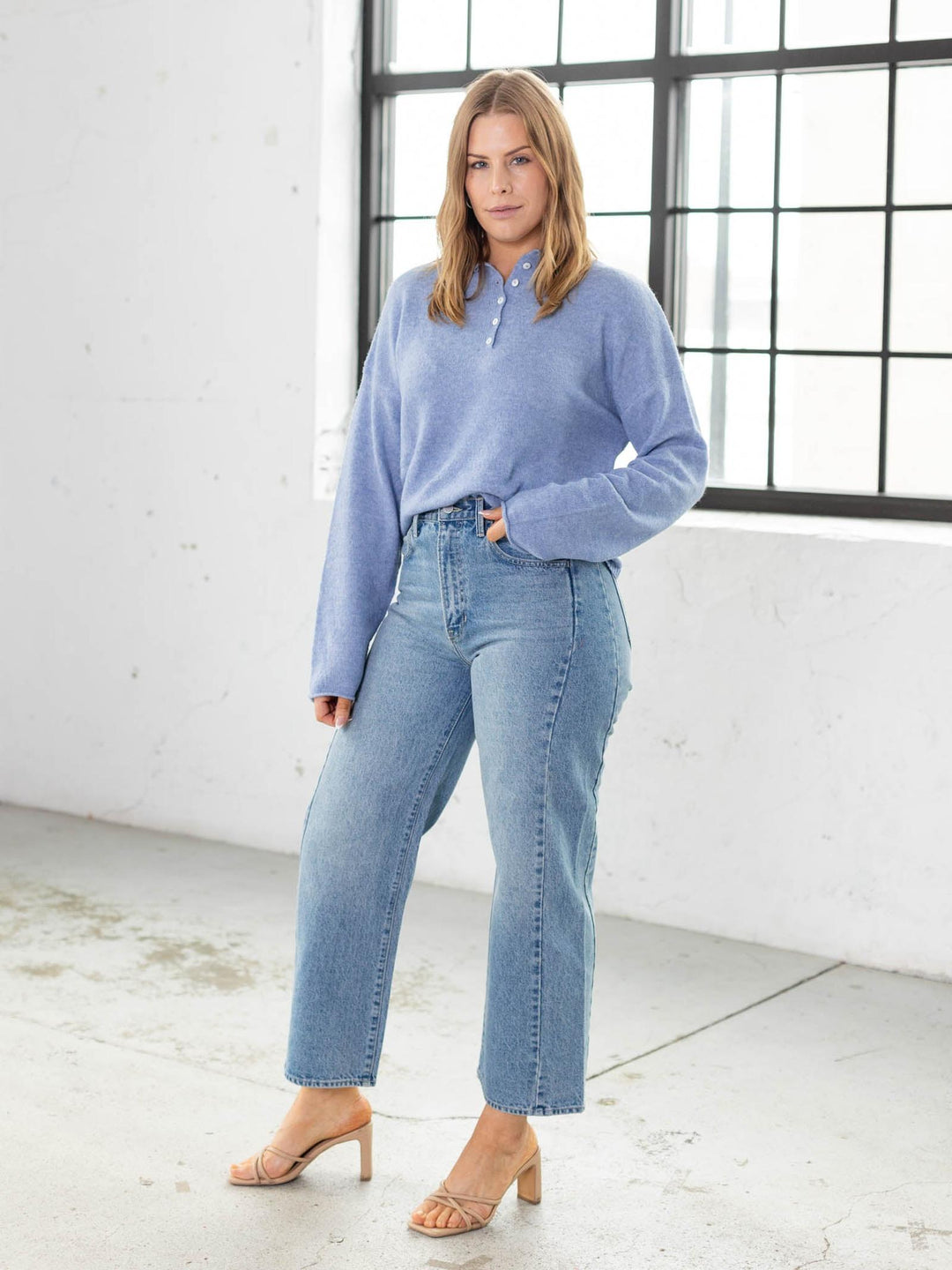 light blue half button sweater