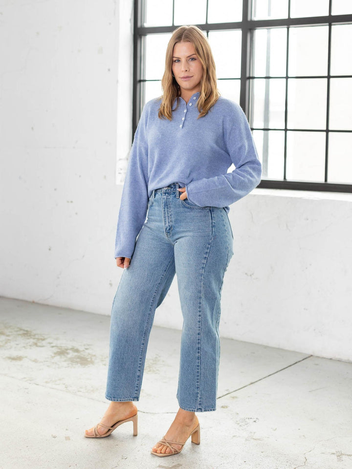 light blue half button sweater