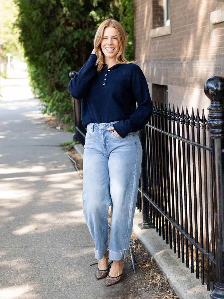 dark blue henley sweater