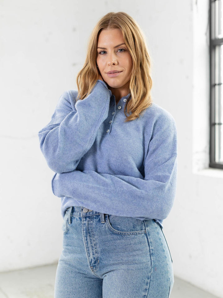 light blue half button sweater