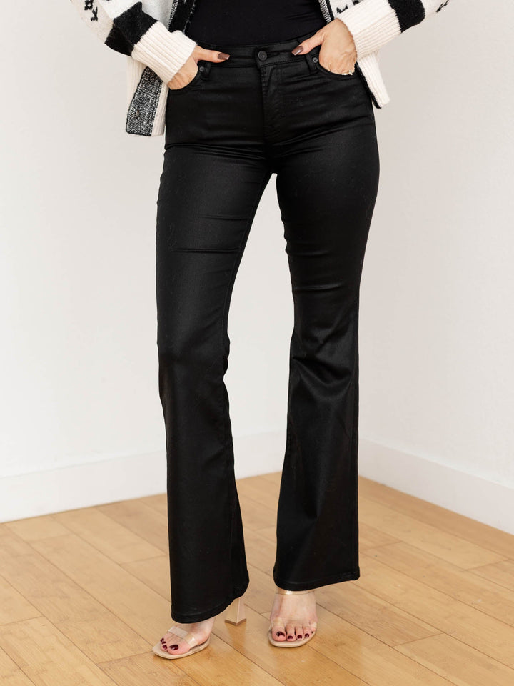 black coated flare jeans