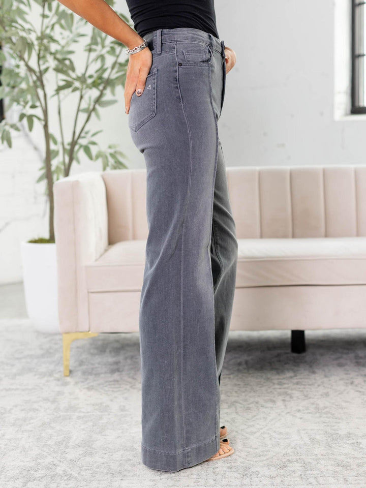 grey flare denim