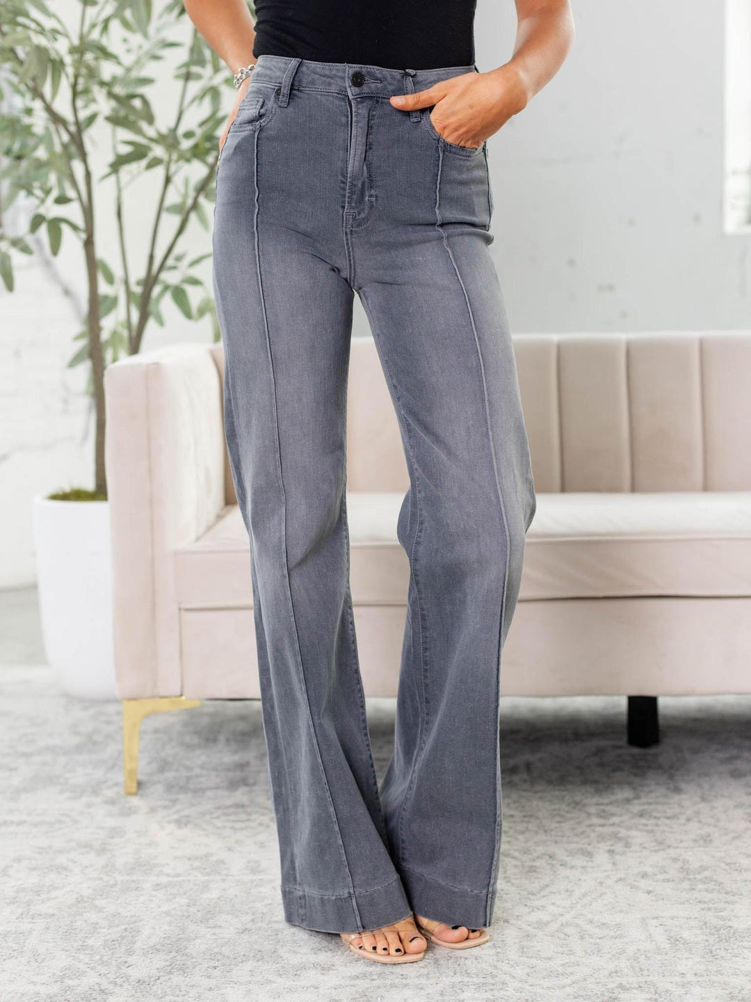 grey flare denim