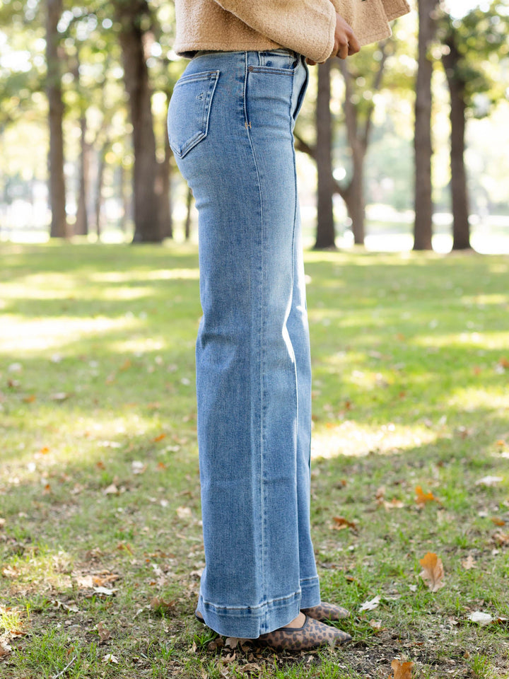 medium wash pintuck flare denim