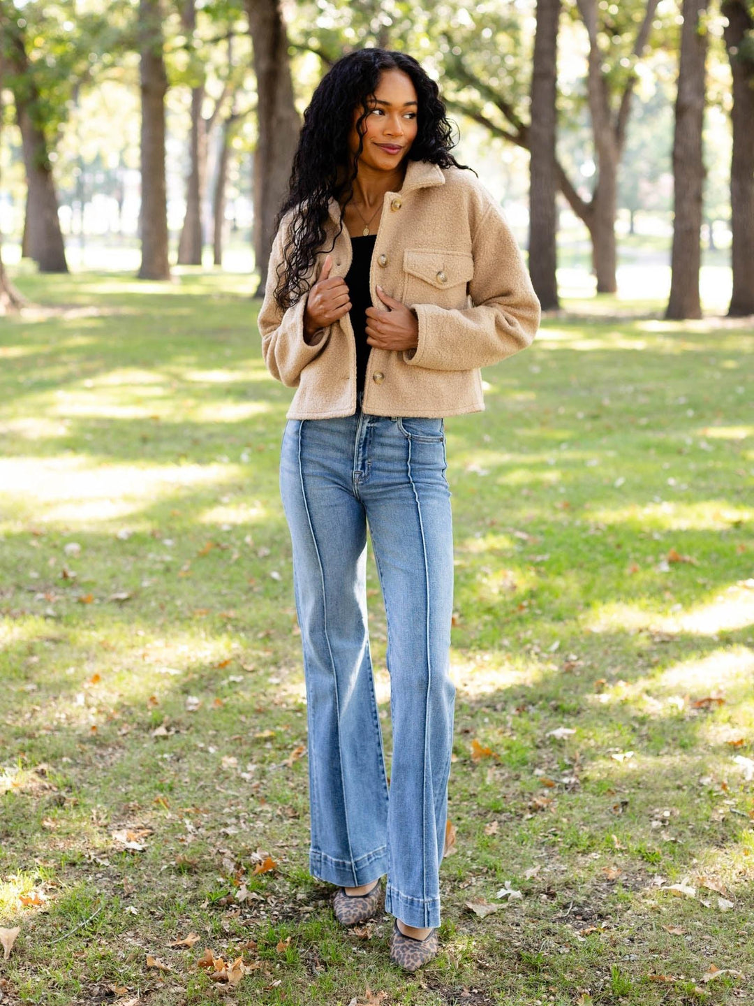 medium wash pintuck flare denim