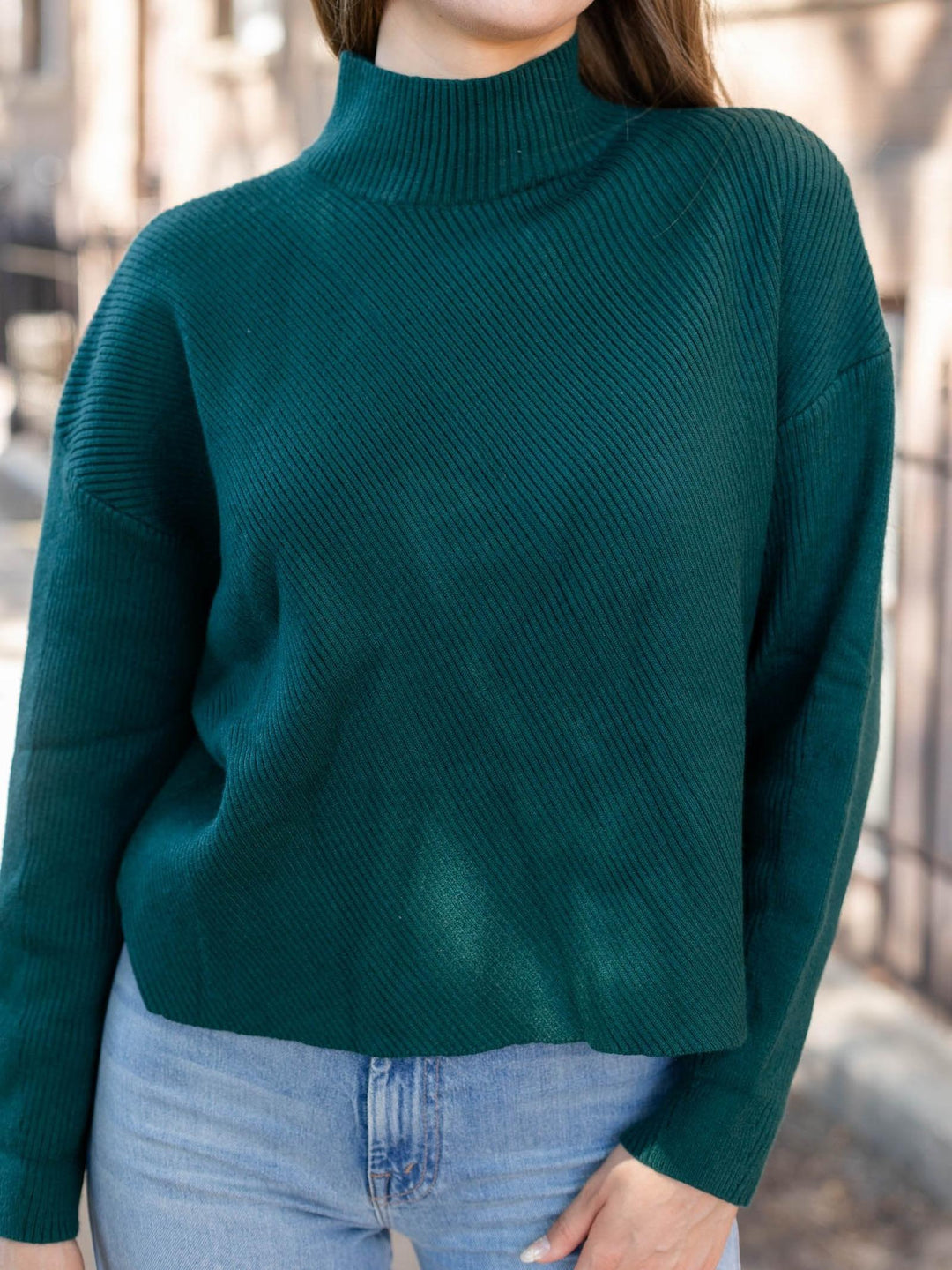 dark green ribbed lightweight knit top