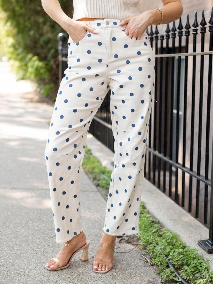 High Rise Polka Dot Printed Barrel Twill Pants