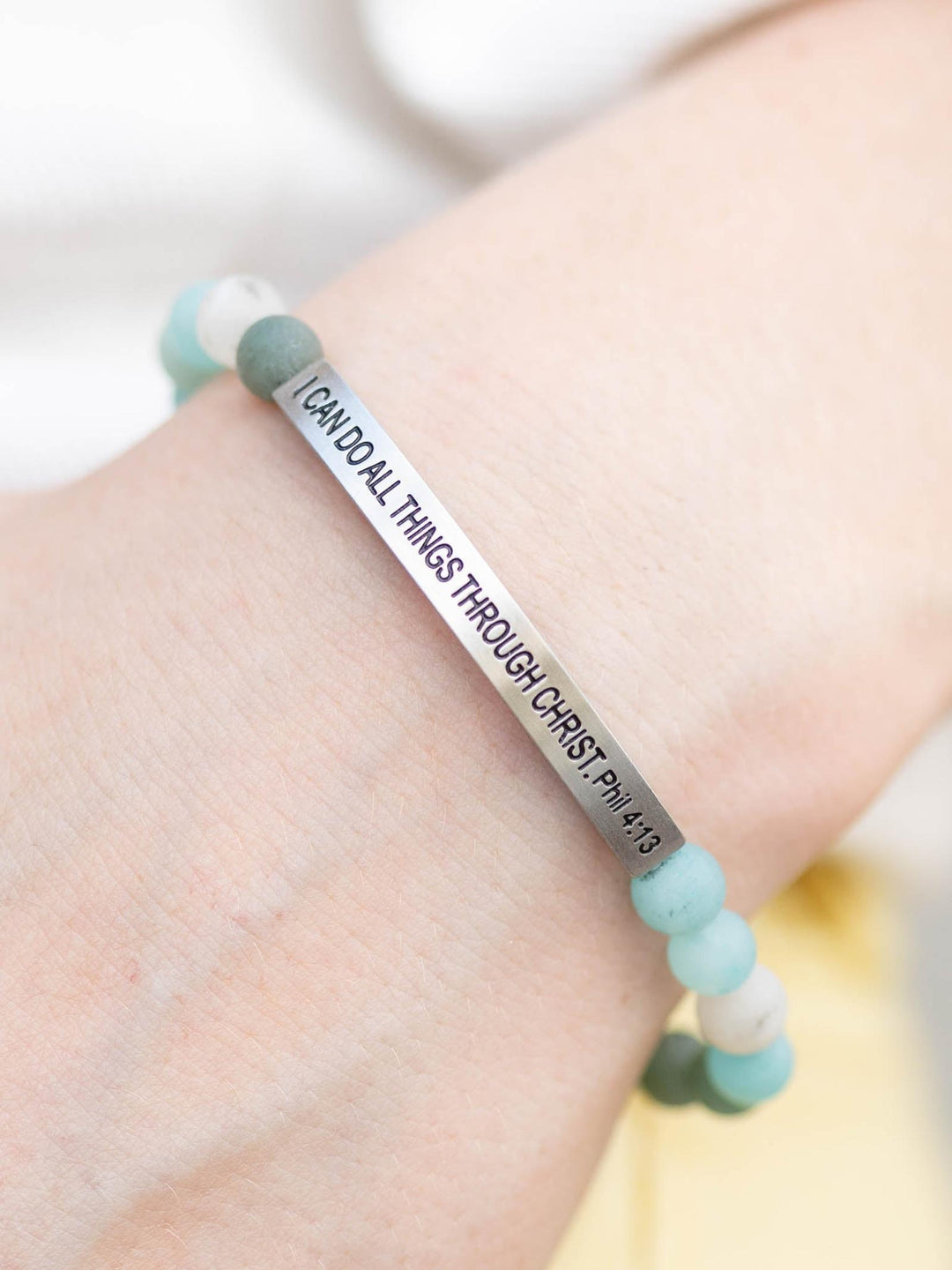 Amazonite stone bracelet with "I CAN DO ALL THINGS THROUGH CHRIST. Phil 4:13" engraved on a silver bar.