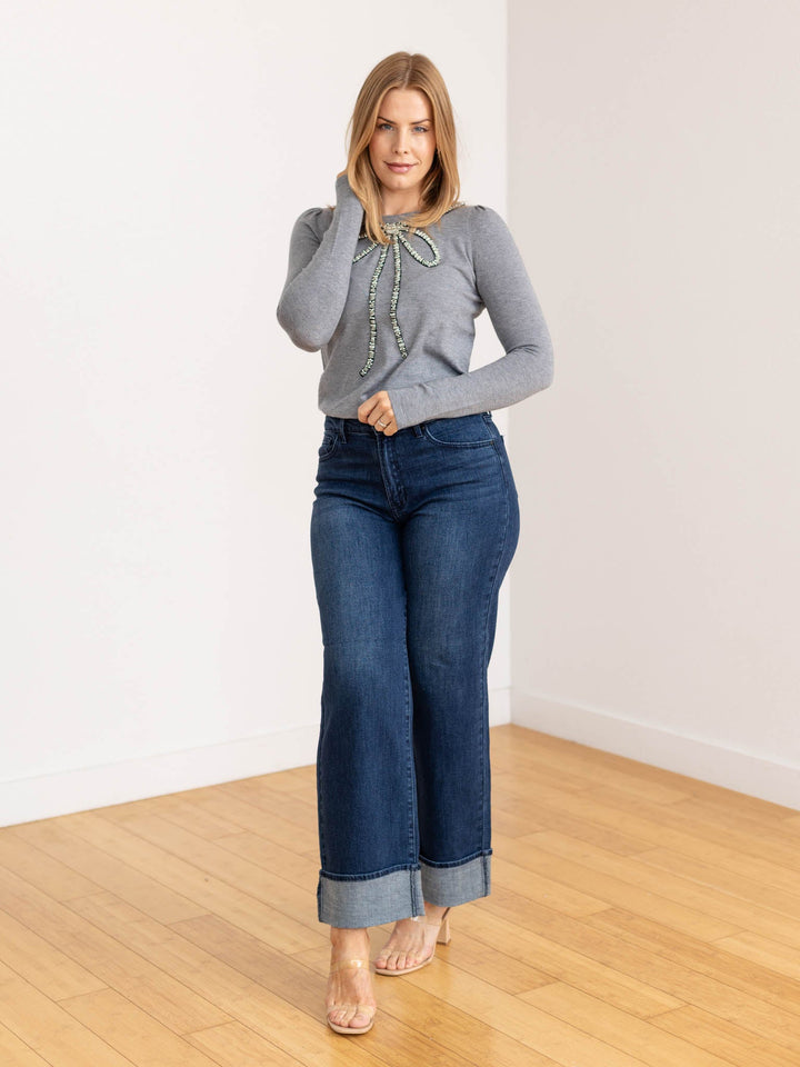 grey rhinestone bow lightweight sweater