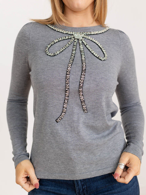 grey rhinestone bow lightweight sweater