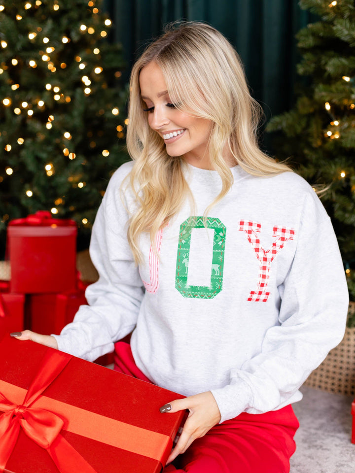 patchwork joy crew neck sweatshirt