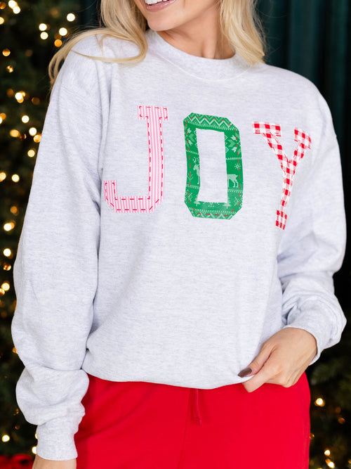 patchwork joy crew neck sweatshirt