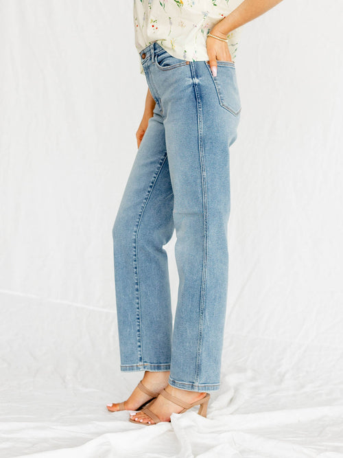 high rise straight leg denim