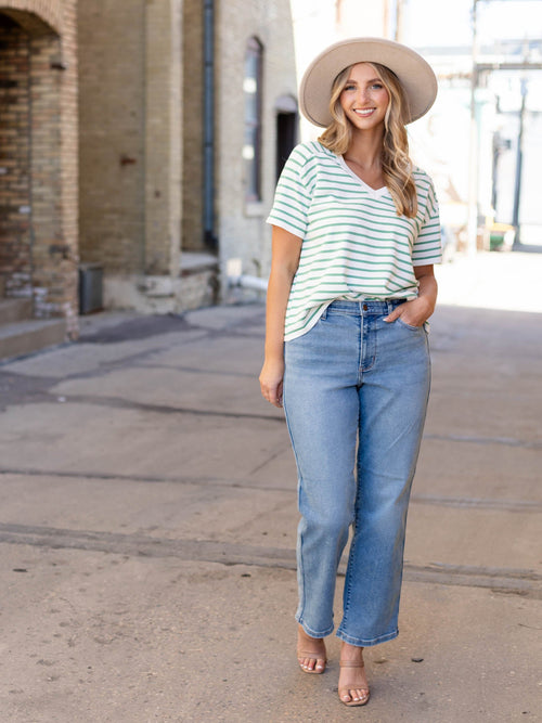 high rise straight leg denim