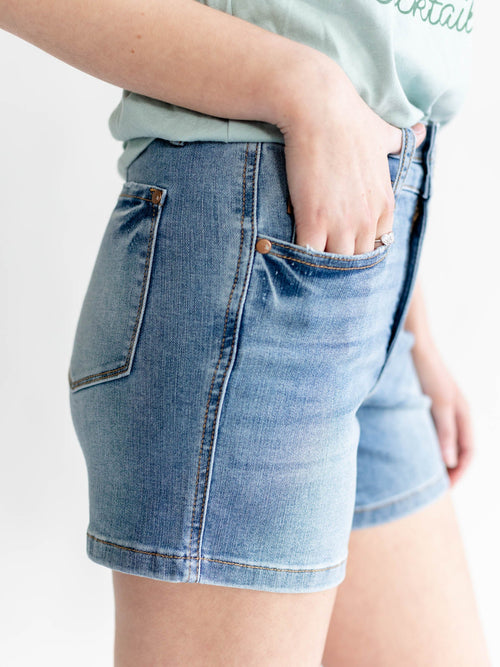 double button waist medium denim shorts