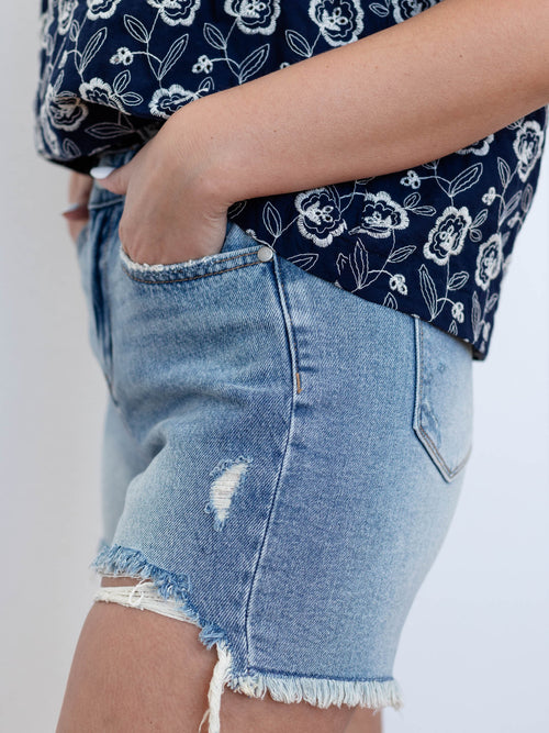 medium wash denim shorts