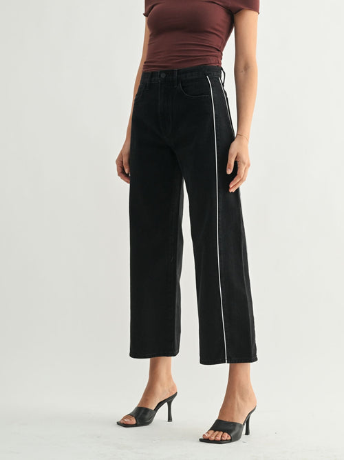 black contrast piping side detail barrel jeans