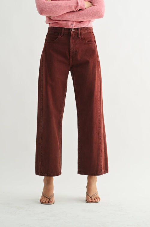 cinnamon colored ankle barrel denim