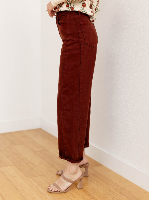 cinnamon colored barrel denim