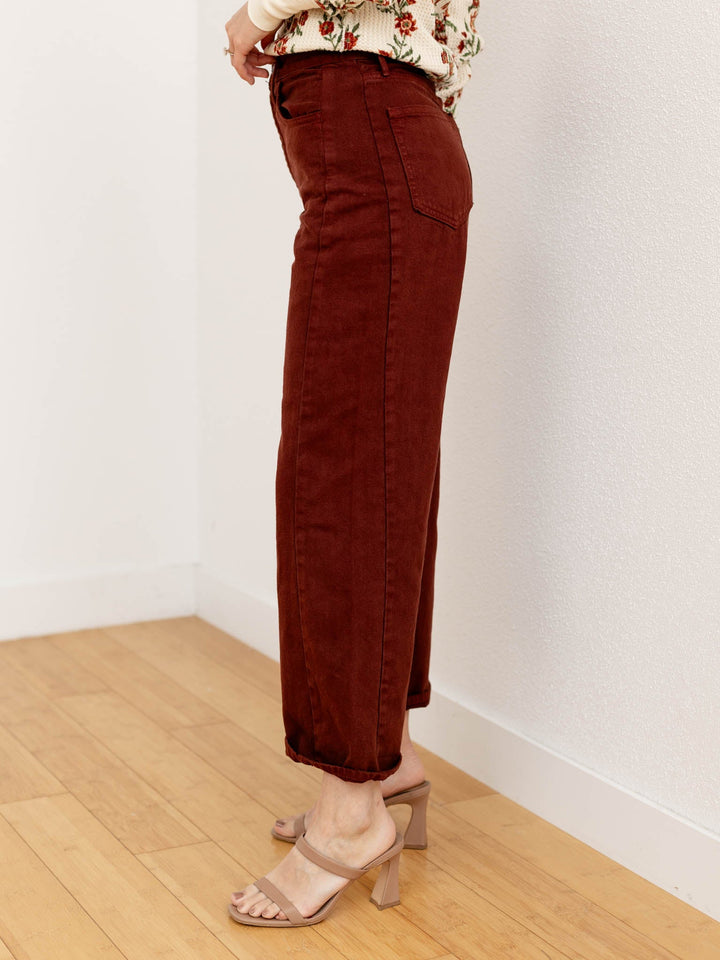 cinnamon colored barrel denim