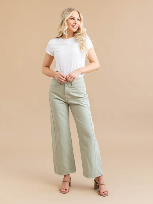 light green barrel wide side seam denim