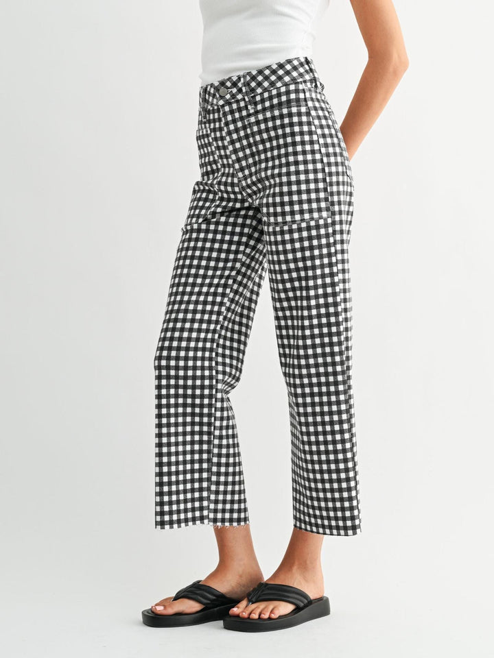 black and white gingham printed denim