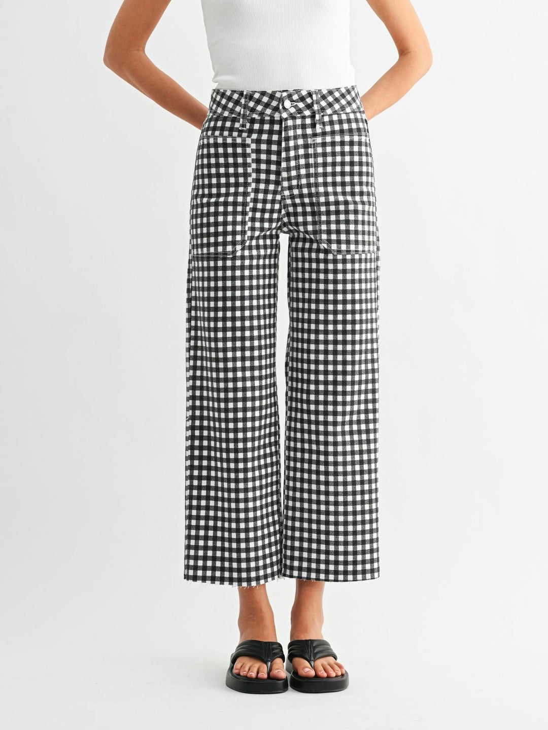 black and white gingham printed denim