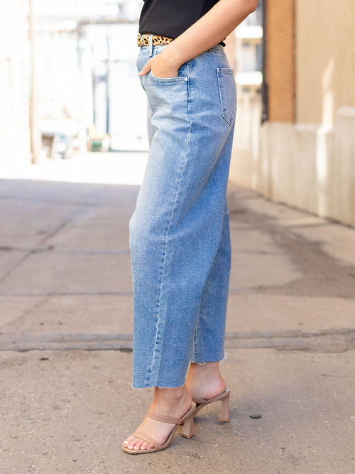 light wash seam detail barrel denim