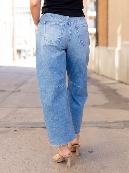 light wash seam detail barrel denim