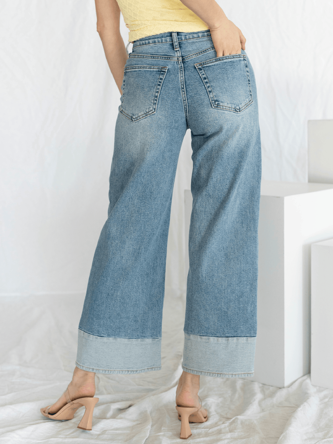 light wash two toned wide leg denim