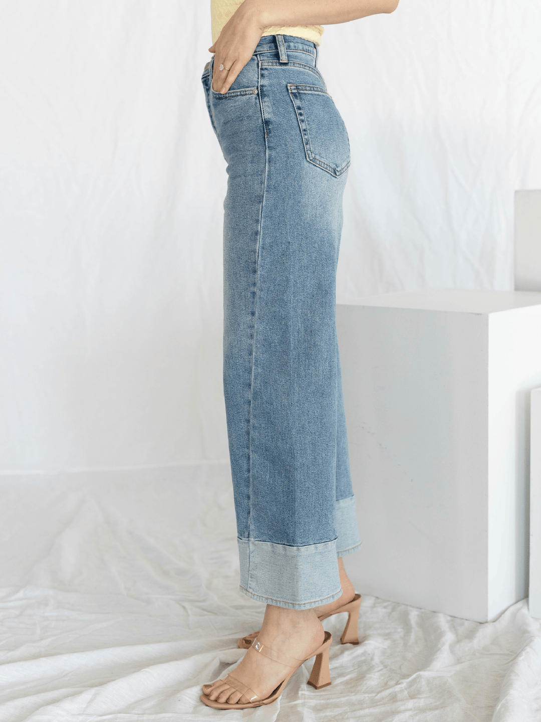 light wash two toned wide leg denim