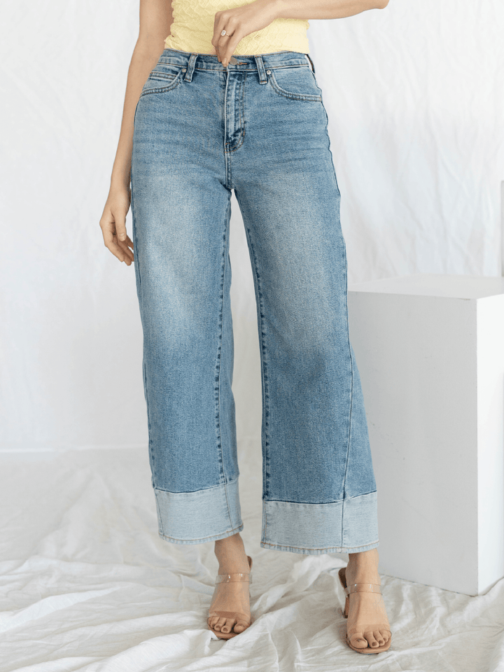 light wash two toned wide leg denim