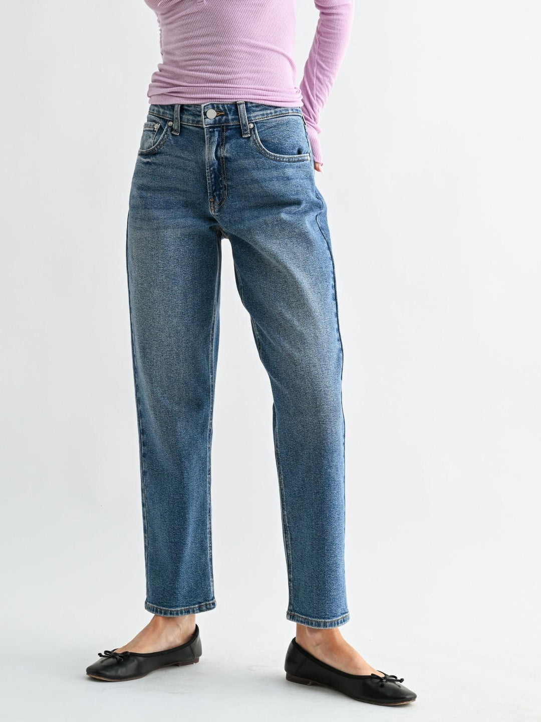 baggy medium wash straight leg denim