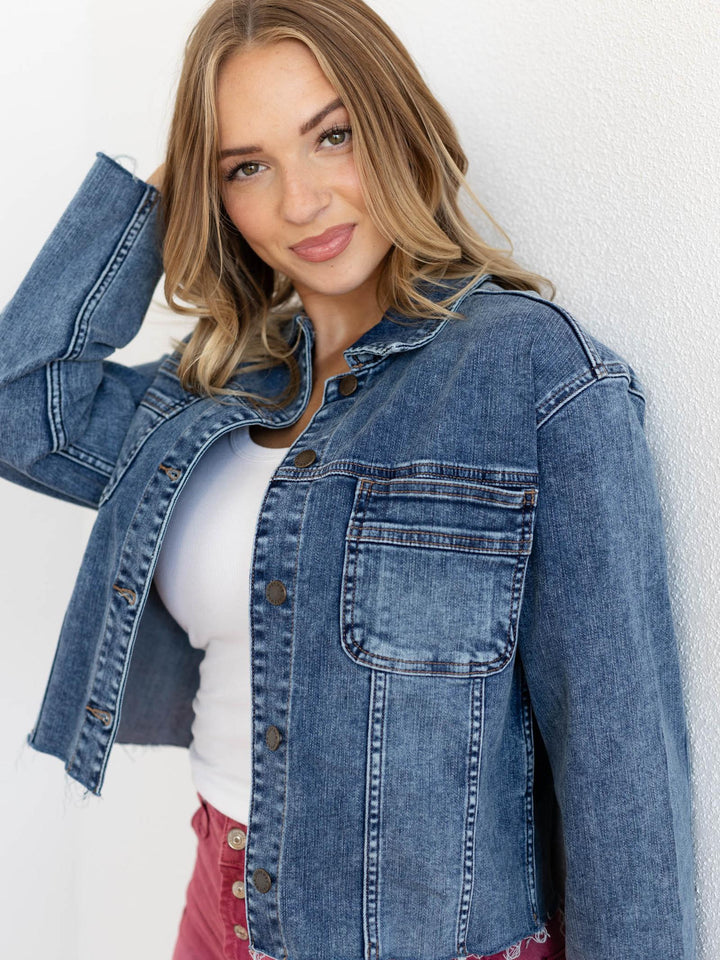 frayed hem denim boxy jacket